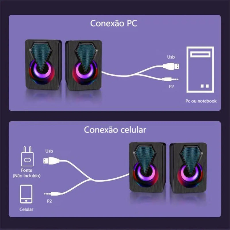 Caixa de som Pc Gamer Com Luz RGB Estéreo 2.0 Para Computador Notebook XDG-1005
